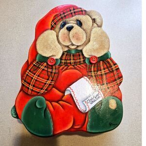 Vintage Hand-painted Wooden Box with Sliding Closure/Opener Christmas Bear